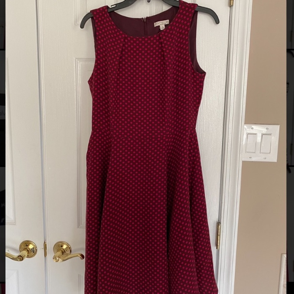 Women’s dress; red with pink polka dots; sleeveless; size 8